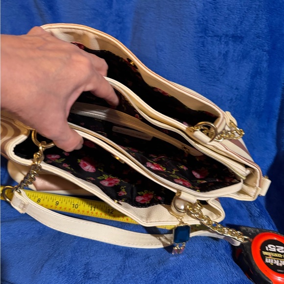 Betsey Johnson Rose Gold and White Striped Shoulder Tote with Charm - Picture 10 of 11